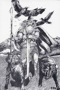 Odin accompagné de Jugin, Munnin, Gjere et Freke
